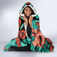 Plumeria Polynesian Pattern Hooded Blanket Unique Fantasy Teal Orange