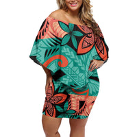 Plumeria Polynesian Pattern Off Shoulder Short Dress Unique Fantasy Teal Orange