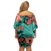 Plumeria Polynesian Pattern Off Shoulder Short Dress Unique Fantasy Teal Orange