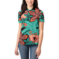 Plumeria Polynesian Pattern Women Polo Shirt Unique Fantasy Teal Orange
