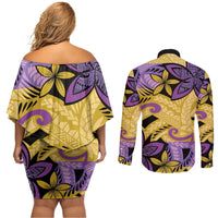 Plumeria Polynesian Pattern Couples Matching Off Shoulder Short Dress and Long Sleeve Button Shirt Unique Fantasy Yellow Purple
