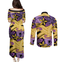 Plumeria Polynesian Pattern Couples Matching Puletasi and Long Sleeve Button Shirt Unique Fantasy Yellow Purple