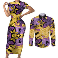 Plumeria Polynesian Pattern Couples Matching Short Sleeve Bodycon Dress and Long Sleeve Button Shirt Unique Fantasy Yellow Purple