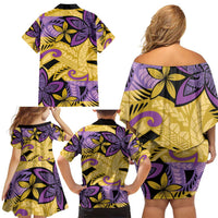 Plumeria Polynesian Pattern Family Matching Off Shoulder Short Dress and Hawaiian Shirt Unique Fantasy Yellow Purple