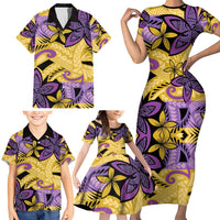 Plumeria Polynesian Pattern Family Matching Short Sleeve Bodycon Dress and Hawaiian Shirt Unique Fantasy Yellow Purple LT01 - Polynesian Pride