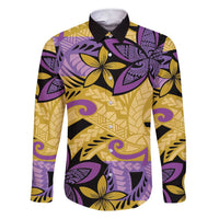 Plumeria Polynesian Pattern Family Matching Short Sleeve Bodycon Dress and Hawaiian Shirt Unique Fantasy Yellow Purple LT01 Dad's Shirt - Long Sleeve Yellow - Polynesian Pride