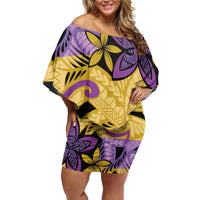 Plumeria Polynesian Pattern Off Shoulder Short Dress Unique Fantasy Yellow Purple