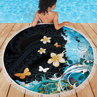 Blue Grunge Polynesian Pattern Beach Blanket Plumeria Floral
