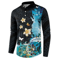 Blue Grunge Polynesian Pattern Button Sweatshirt Plumeria Floral