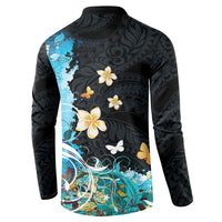 Blue Grunge Polynesian Pattern Button Sweatshirt Plumeria Floral