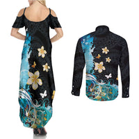 Blue Grunge Polynesian Pattern Couples Matching Summer Maxi Dress and Long Sleeve Button Shirt Plumeria Floral