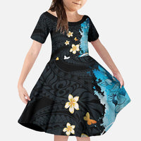 Blue Grunge Polynesian Pattern Family Matching Mermaid Dress and Hawaiian Shirt Plumeria Floral LT01 Daughter's Dress Blue - Polynesian Pride