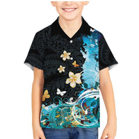 Blue Grunge Polynesian Pattern Family Matching Mermaid Dress and Hawaiian Shirt Plumeria Floral LT01 Son's Shirt Blue - Polynesian Pride