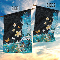 Blue Grunge Polynesian Pattern Garden Flag Plumeria Floral