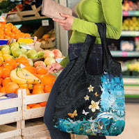 Blue Grunge Polynesian Pattern Grocery Bag Plumeria Floral