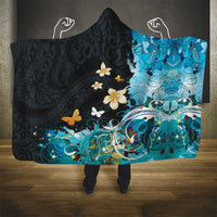 Blue Grunge Polynesian Pattern Hooded Blanket Plumeria Floral