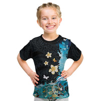 Blue Grunge Polynesian Pattern Kid T Shirt Plumeria Floral