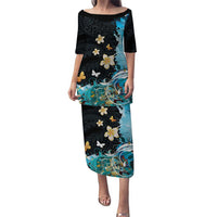 Blue Grunge Polynesian Pattern Puletasi Plumeria Floral