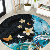 Blue Grunge Polynesian Pattern Round Carpet Plumeria Floral