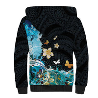 Blue Grunge Polynesian Pattern Sherpa Hoodie Plumeria Floral