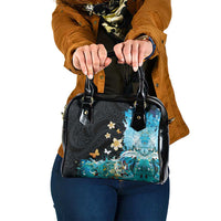 Blue Grunge Polynesian Pattern Shoulder Handbag Plumeria Floral