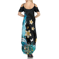 Blue Grunge Polynesian Pattern Summer Maxi Dress Plumeria Floral