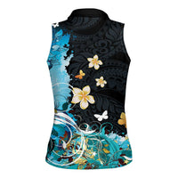 Blue Grunge Polynesian Pattern Women Sleeveless Polo Shirt Plumeria Floral LT01 - Polynesian Pride