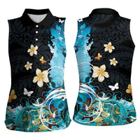 Blue Grunge Polynesian Pattern Women Sleeveless Polo Shirt Plumeria Floral LT01 - Polynesian Pride