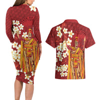 Hawaii King Kamehameha Couples Matching Long Sleeve Bodycon Dress and Hawaiian Shirt Plumeria Lauhala Pattern