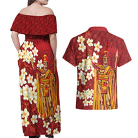 Hawaii King Kamehameha Couples Matching Off Shoulder Maxi Dress and Hawaiian Shirt Plumeria Lauhala Pattern