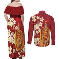 Hawaii King Kamehameha Couples Matching Off Shoulder Maxi Dress and Long Sleeve Button Shirt Plumeria Lauhala Pattern