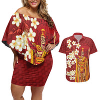 Hawaii King Kamehameha Couples Matching Off Shoulder Short Dress and Hawaiian Shirt Plumeria Lauhala Pattern