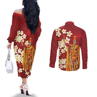 Hawaii King Kamehameha Couples Matching Off The Shoulder Long Sleeve Dress and Long Sleeve Button Shirt Plumeria Lauhala Pattern