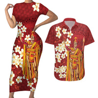 Hawaii King Kamehameha Couples Matching Short Sleeve Bodycon Dress and Hawaiian Shirt Plumeria Lauhala Pattern