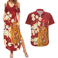 Hawaii King Kamehameha Couples Matching Summer Maxi Dress and Hawaiian Shirt Plumeria Lauhala Pattern