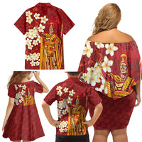 Hawaii King Kamehameha Family Matching Off Shoulder Short Dress and Hawaiian Shirt Plumeria Lauhala Pattern LT01 - Polynesian Pride