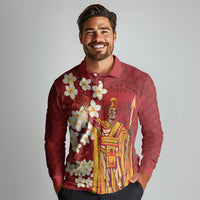 Hawaii King Kamehameha Long Sleeve Polo Shirt Plumeria Lauhala Pattern