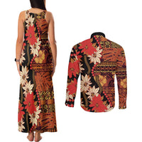 Hawaii Christmas Poinsettia Lei Couples Matching Tank Maxi Dress and Long Sleeve Button Shirt Tapa Pattern LT01 - Polynesian Pride