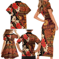 Hawaii Christmas Poinsettia Lei Family Matching Short Sleeve Bodycon Dress and Hawaiian Shirt Tapa Pattern LT01 - Polynesian Pride