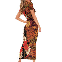 Hawaii Christmas Poinsettia Lei Family Matching Short Sleeve Bodycon Dress and Hawaiian Shirt Tapa Pattern LT01 - Polynesian Pride