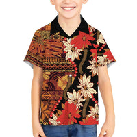 Hawaii Christmas Poinsettia Lei Family Matching Short Sleeve Bodycon Dress and Hawaiian Shirt Tapa Pattern LT01 Son's Shirt Brown - Polynesian Pride