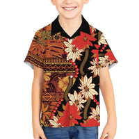 Hawaii Christmas Poinsettia Lei Family Matching Summer Maxi Dress and Hawaiian Shirt Tapa Pattern LT01 Son's Shirt Brown - Polynesian Pride