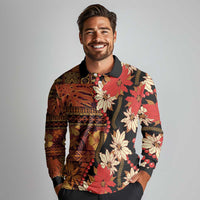 Hawaii Christmas Poinsettia Lei Long Sleeve Polo Shirt Tapa Pattern - Polynesian Pride