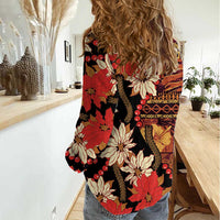 Hawaii Christmas Poinsettia Lei Women Casual Shirt Tapa Pattern - Polynesian Pride
