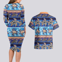 Hawaii Turtles Pattern Special Blue Couples Matching Long Sleeve Bodycon Dress and Hawaiian Shirt LT01 - Polynesian Pride