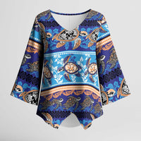 Hawaii Turtles Pattern Special Blue Kimono Sleeve Blouse - Polynesian Pride