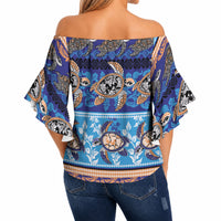 Hawaii Turtles Pattern Special Blue Off Shoulder Wrap Waist Top LT01 - Polynesian Pride