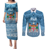 Fiji Rugby Couples Matching Puletasi Dress and Long Sleeve Button Shirts Fijian Go 2023 World Cup LT01 Blue - Polynesian Pride