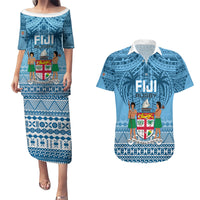 Custom Fiji Rugby Couples Matching Puletasi Dress and Hawaiian Shirt Fijian Go 2023 World Cup LT01 Blue - Polynesian Pride