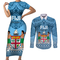 Custom Fiji Rugby Couples Matching Short Sleeve Bodycon Dress and Long Sleeve Button Shirts Fijian Go 2023 World Cup LT01 Blue - Polynesian Pride